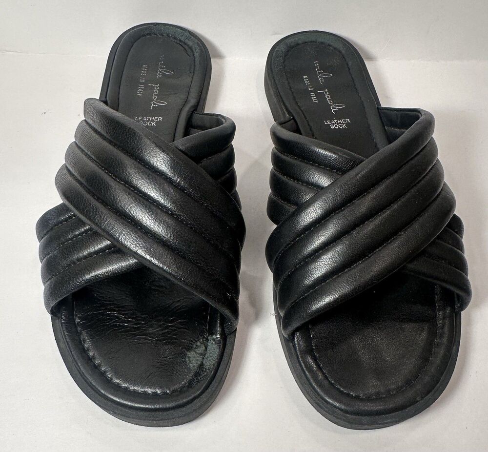 Mila Paoli Black Leather Criss Cross Slide Sandals Italy Women’s 9.5